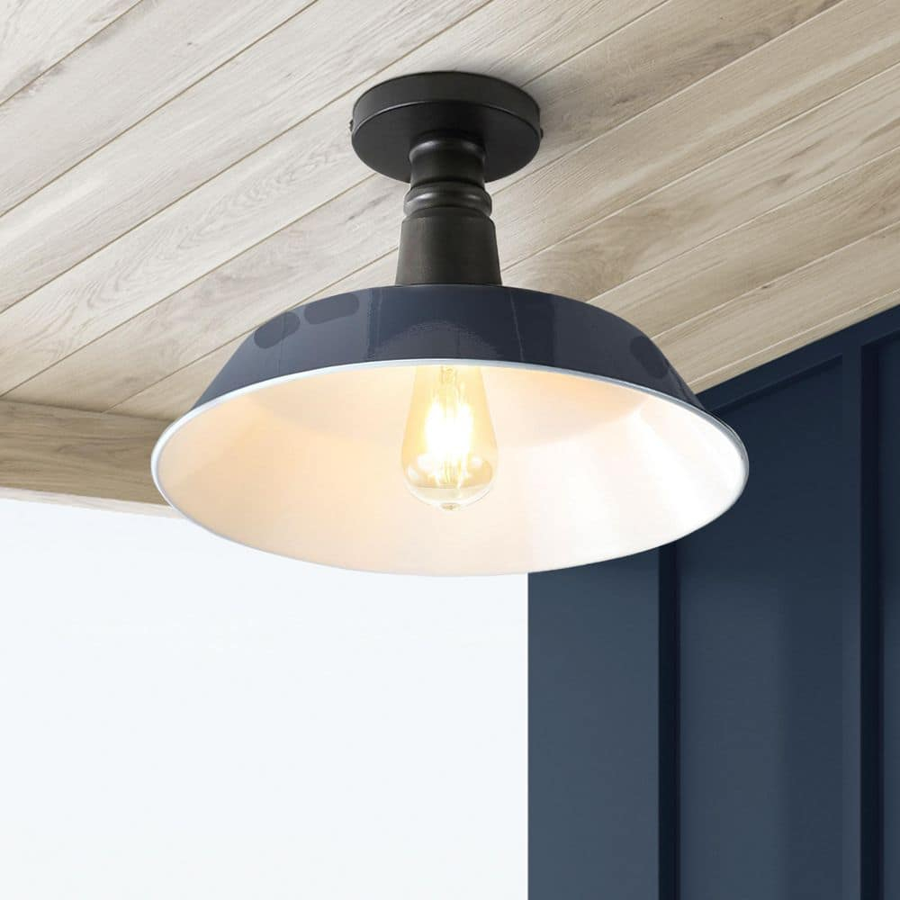 JONATHAN Y JYL7617C Camila 14" 1-Light Classic Industrial Indoor/Outdoor Iron LED Semi Flush Mount Mid-Century, Rustic 2700K Cozy Warm Light Kitchen Hallway Bathroom Stairwell, Navy/White