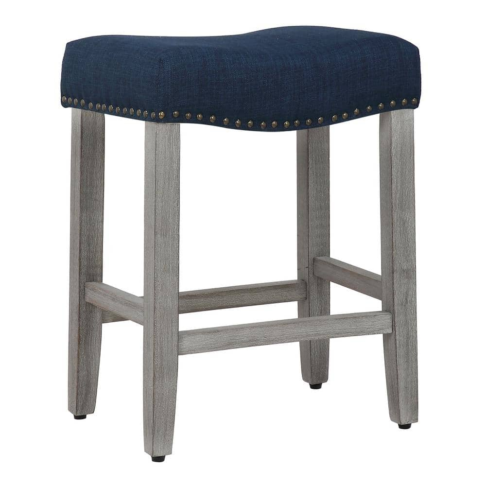 Polytrends Jameson Upholstered Polyester 24" Counter Stool - Gray Legs/ Saddle Seat Antique Gray/Navy Blue Wood Wood Foam 250lbs