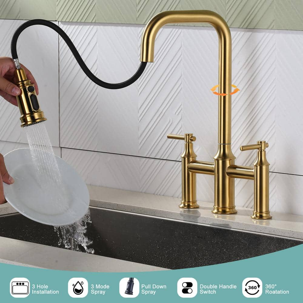 Double Handle Bridge Kitchen Faucet with Advanced Spray in Gold