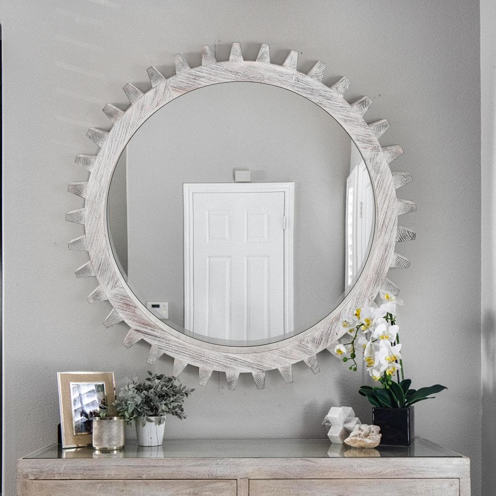 17 Stories Vintage 34'' X 34'' Wood Round Hanging Gear Shape Heavy Decorative Mirror For Bathroom Living Room Entryway Or Put Together To Your Liking