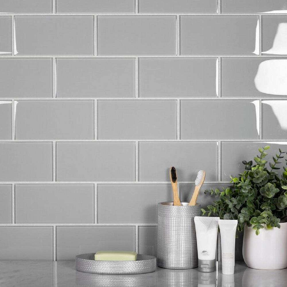 Apollo Tile   40 Pack 3-in x 6-in Mink Gray Rectangular Subway Glossy Finished Glass Mosaic Wall Tile (5 Sq ft/case)