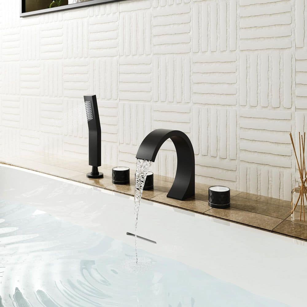 Matte Black Waterfall Roman Tub Faucet with Hand Shower