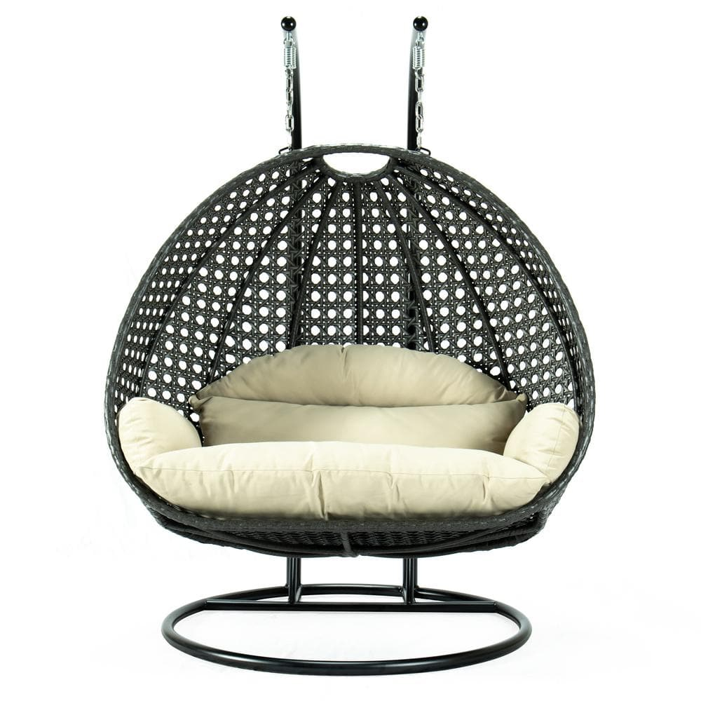 LeisureMod Charcoal Rattan Wicker Double 2 Person Egg Swing Chair with Stand, Taupe Cushion