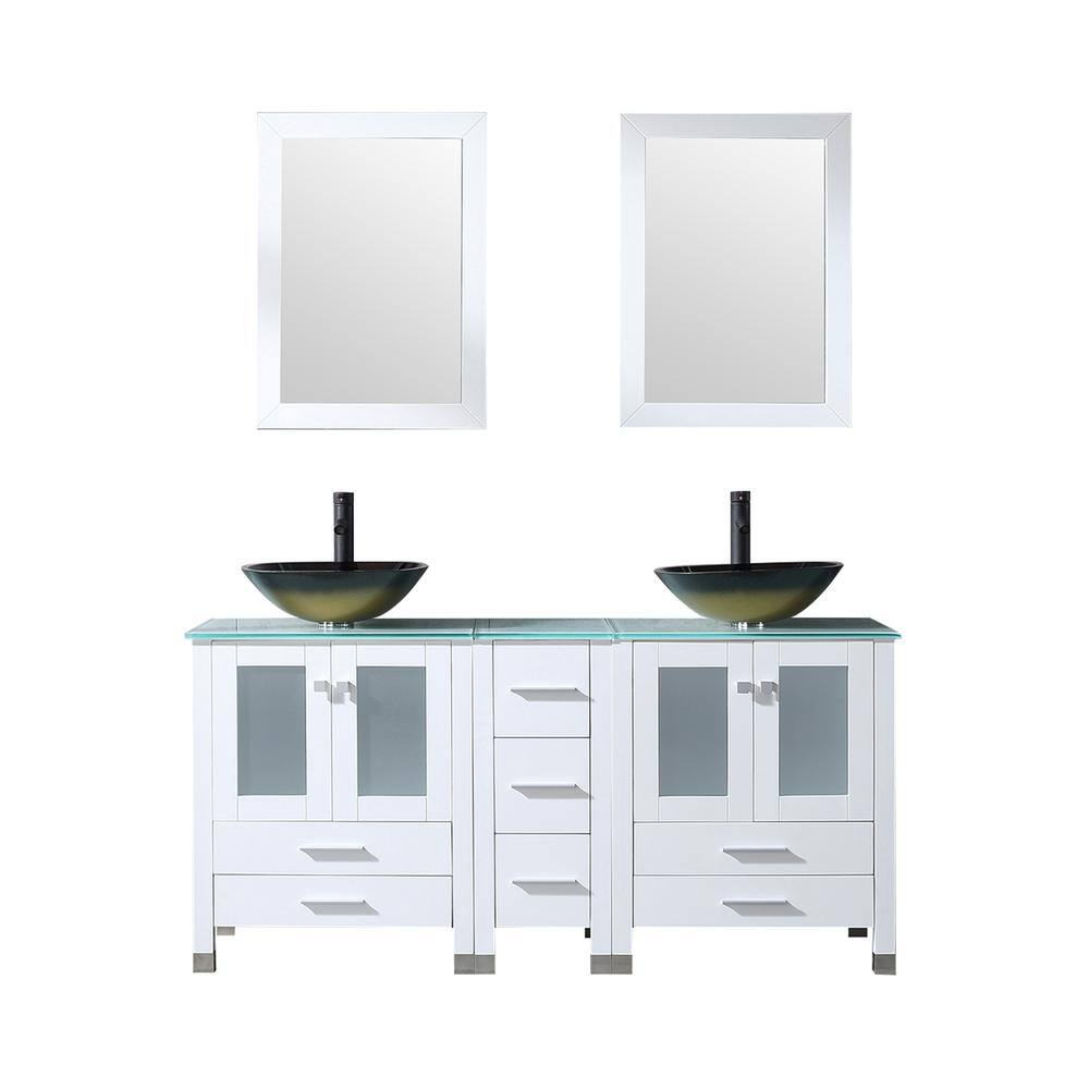 60" White Bathroom Vanity Cabinet Optional Double Sink Tempered Glass Top Mirror