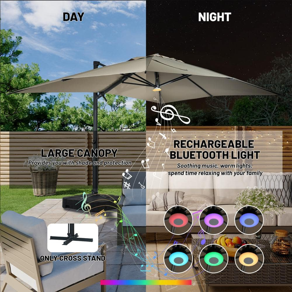 10x13 ft. 360° Rotation Square Cantilever Patio Umbrella with Bluetooth Speaker and LED Light in Taupe
