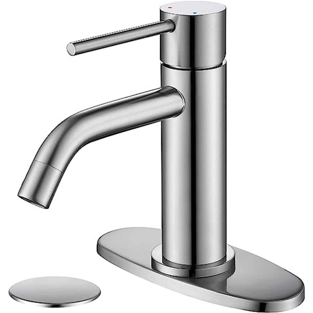 Brushed Nickel Single Hole Bathroom Faucets Single Handle, JXMMP Brushed Bathroom Vanity Sink Faucet with Pop Up Drain Assembly and 6 inch Deck Plate