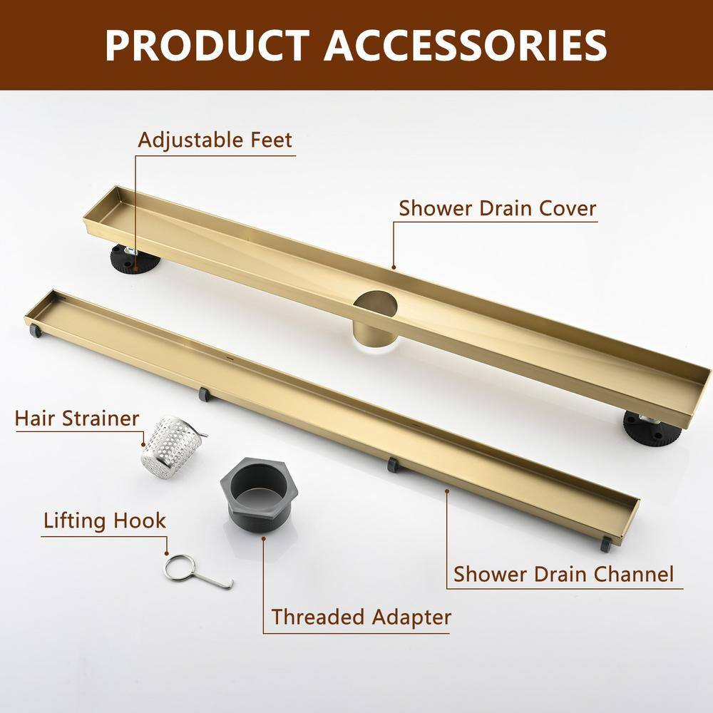Linear Shower Floor Drain, Brushed Gold 30 Inch 304 Stainless Steel Bathroom Drains Kit, Rectangular Shower Trench Drain with Reversable Tile-in Pattern Drain Cover & Hair Catcher