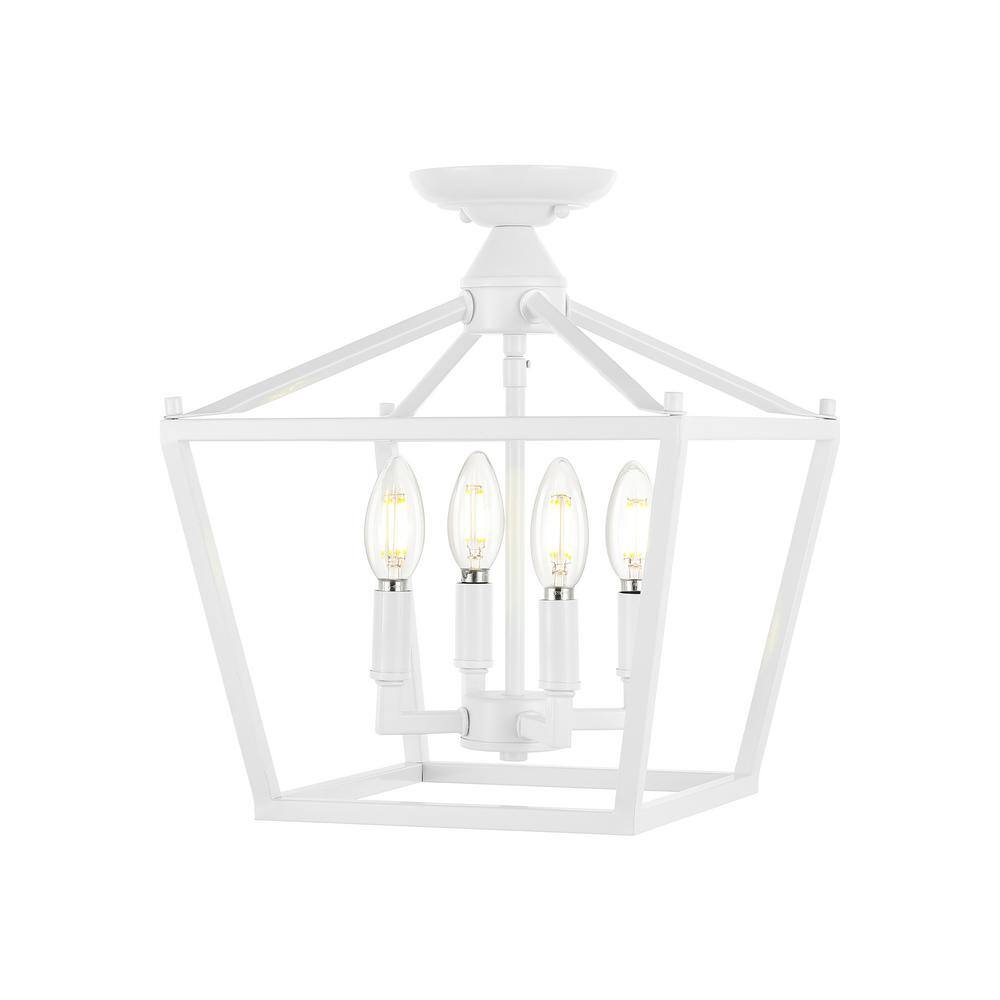 Plains Mini Lantern 12 in. 4-Light Iron Modern Farmhouse LED Flush Mount, White
