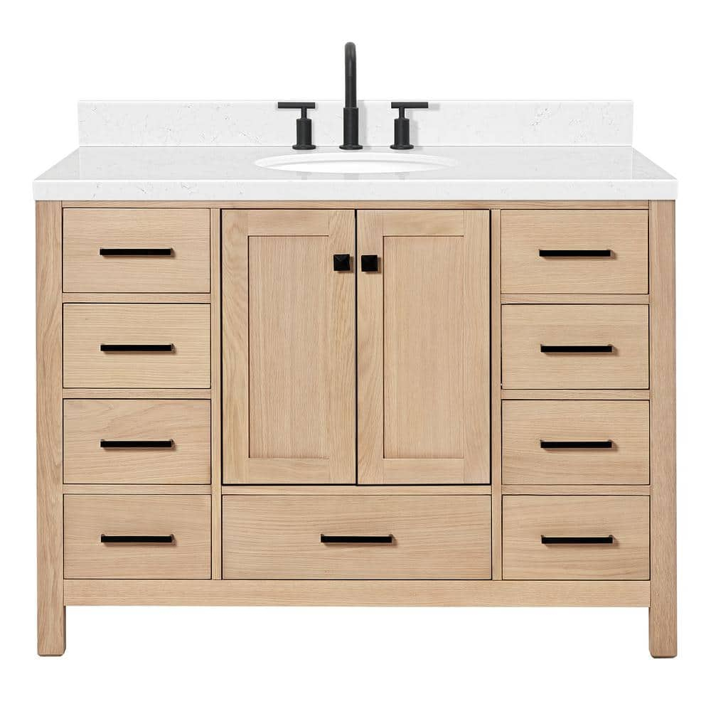 ARIEL Cambridge 48 Inch Single Oval Sink Bathroom Vanity With Carrara White Quartz Countertop 1.5 Inch Edge In Oak