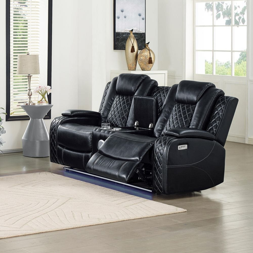 New Classic Furniture Orion II Faux Leather Power Console Loveseat in Black