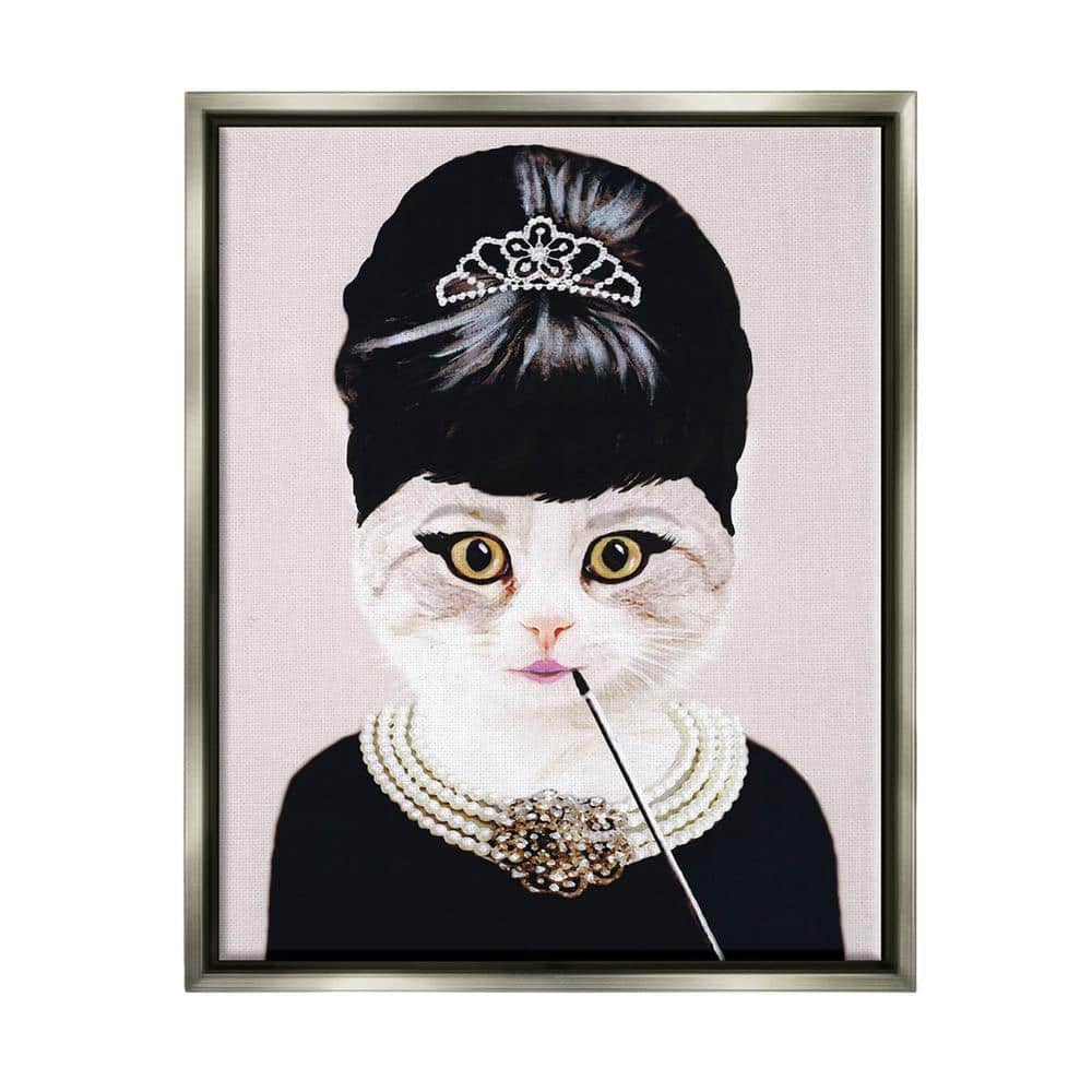Stupell Industries Fashion Feline Jewelry And Makeup Cat Luster Gray Framed Floating Canvas Wall Art, 16x20, by Coco de Paris