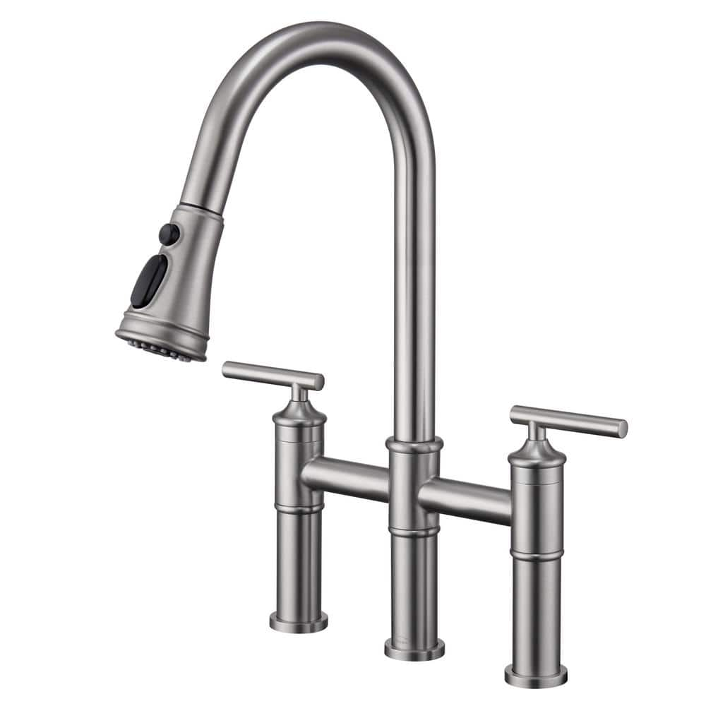 Double Handle Bridge Pull-Down Kitchen Faucet with 3-Spray Patterns and 360 Degrees Rotation Spout in Brushed Nickel