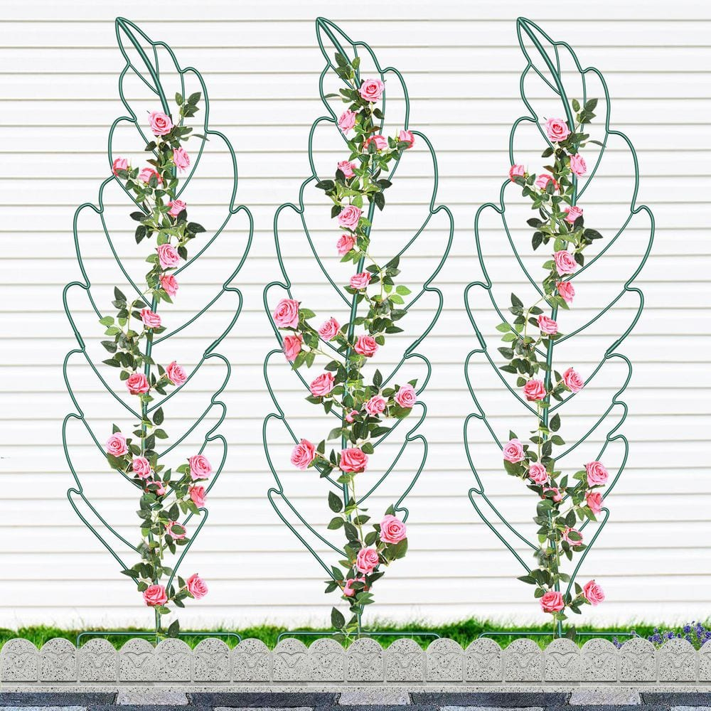 3-Pack Metal Garden Trellis Plant Support Trellis for Climbing Vines Floral Vegetables Metal Trellis (Leaf, Green)