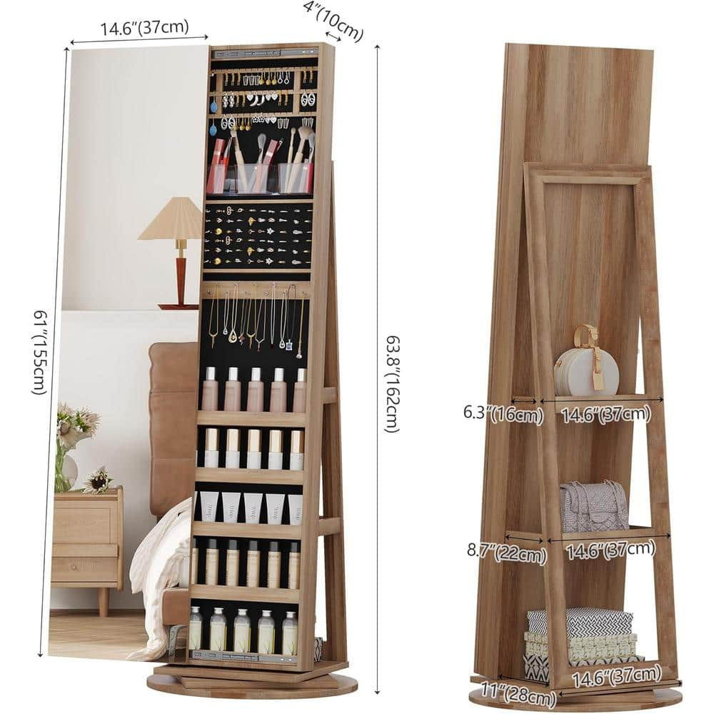 Natural Light Wood 63" Swivel Jewelry Cabinet with Mirror