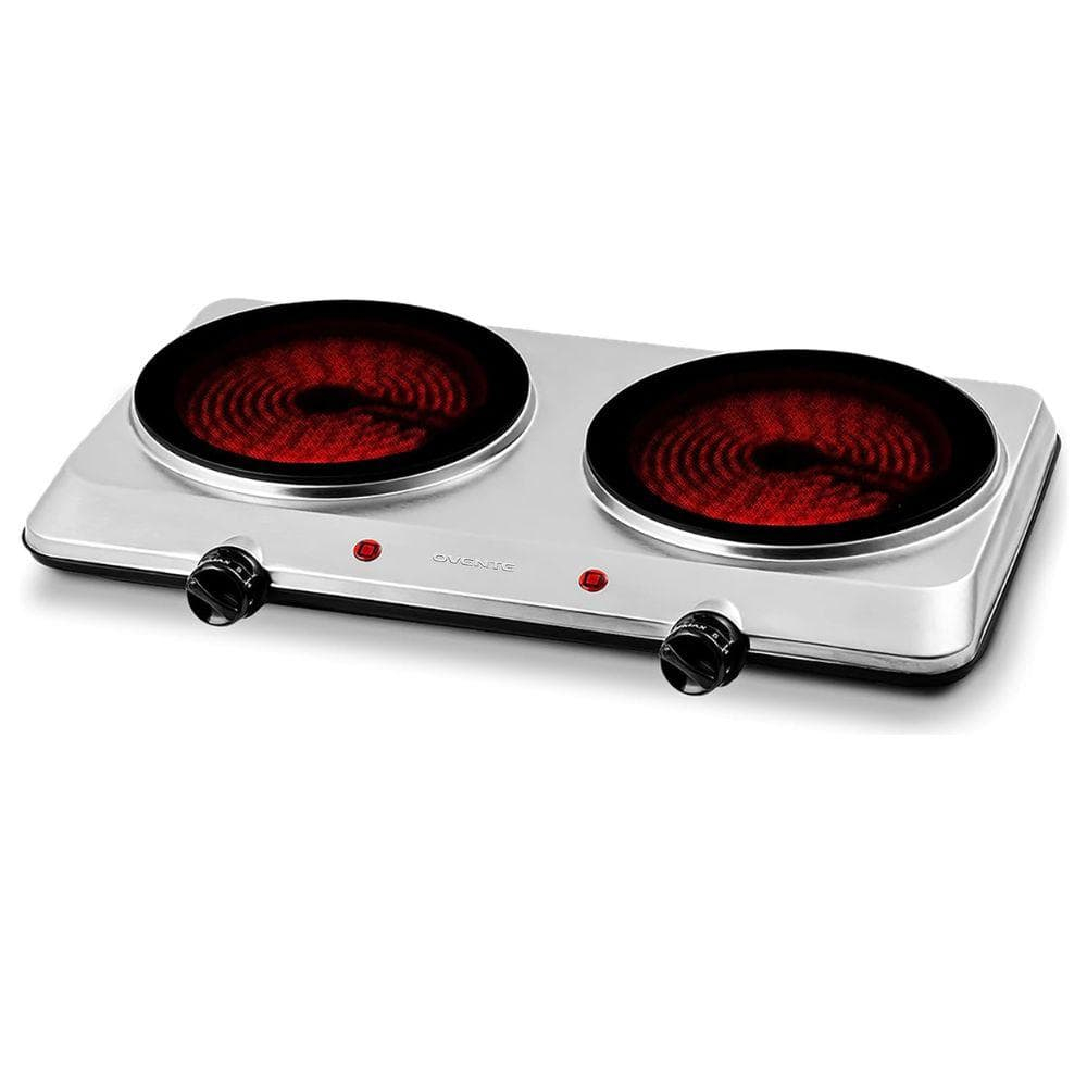 Portable Infrared Double Burner with 1500W Electric Hot Plate, 7.5" Ceramic Glass Cooktop, 6 Level Temperature Control, Easy To Clean Base - Silver BGI202S