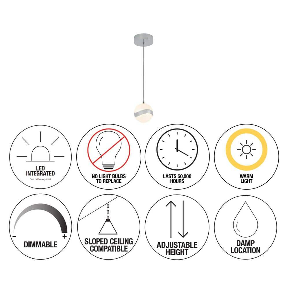 Artika Wavey Integrated LED 1-Light Pendant, Chrome Finish