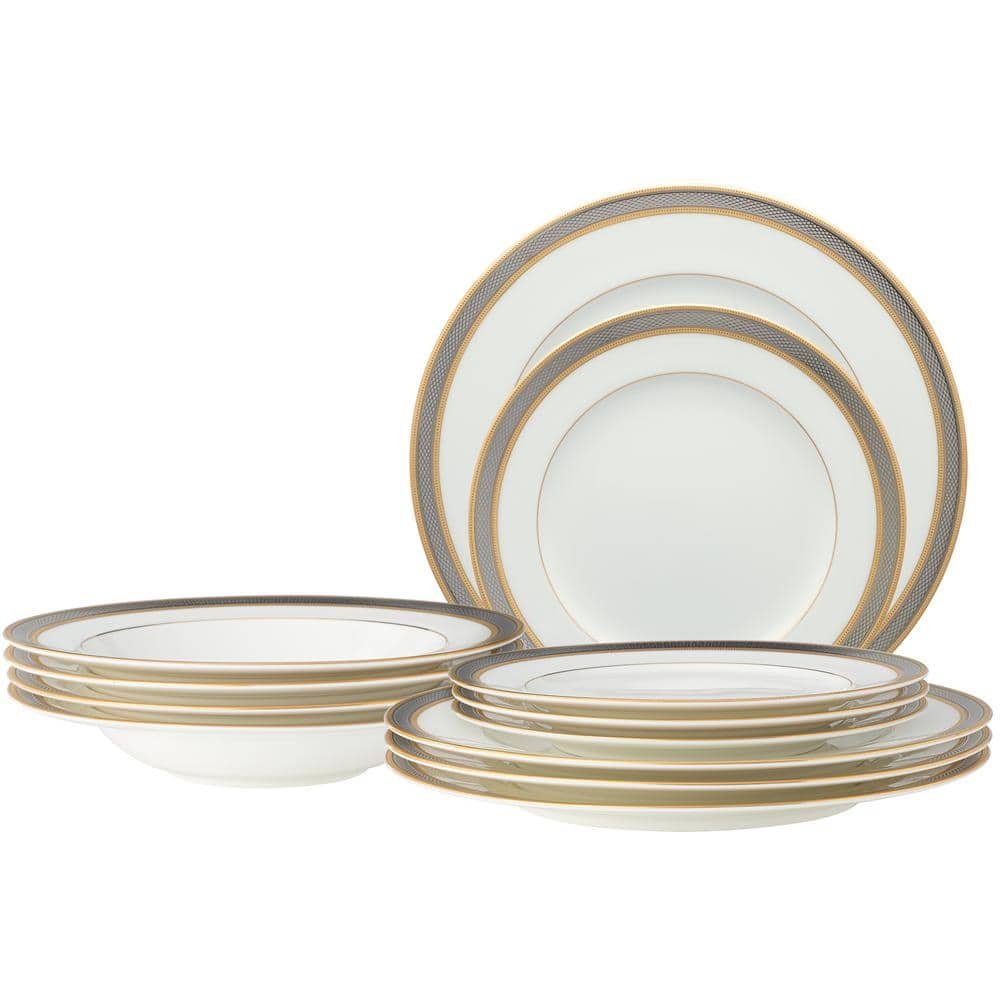 Brilliance White Porcelain 12-Piece Dinnerware Set with Gold and Platinum Etchings