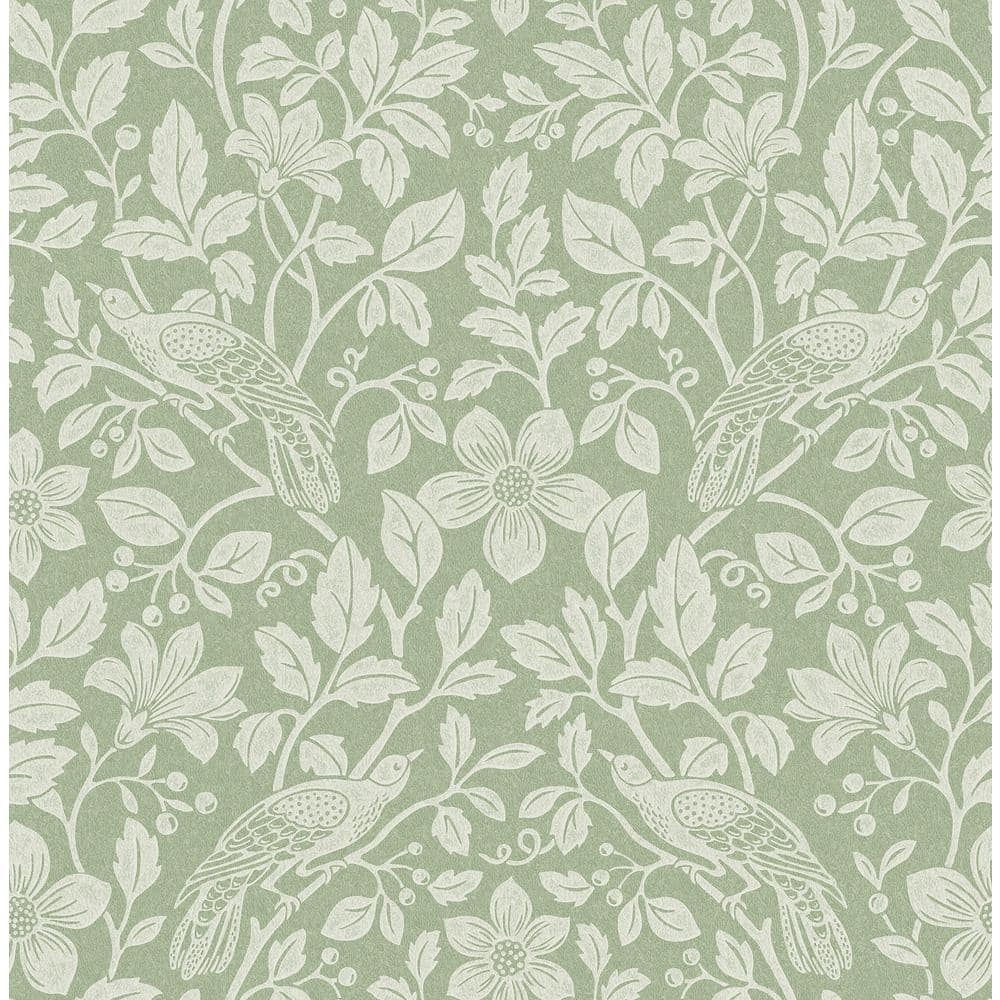 Green and White Non-Woven Botanical Bird Vine Wallpaper