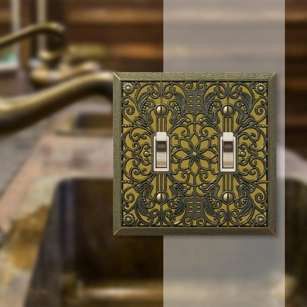 Amerelle 65TTAB Filigree Wallplate, 2 Toggle, Antique Brass