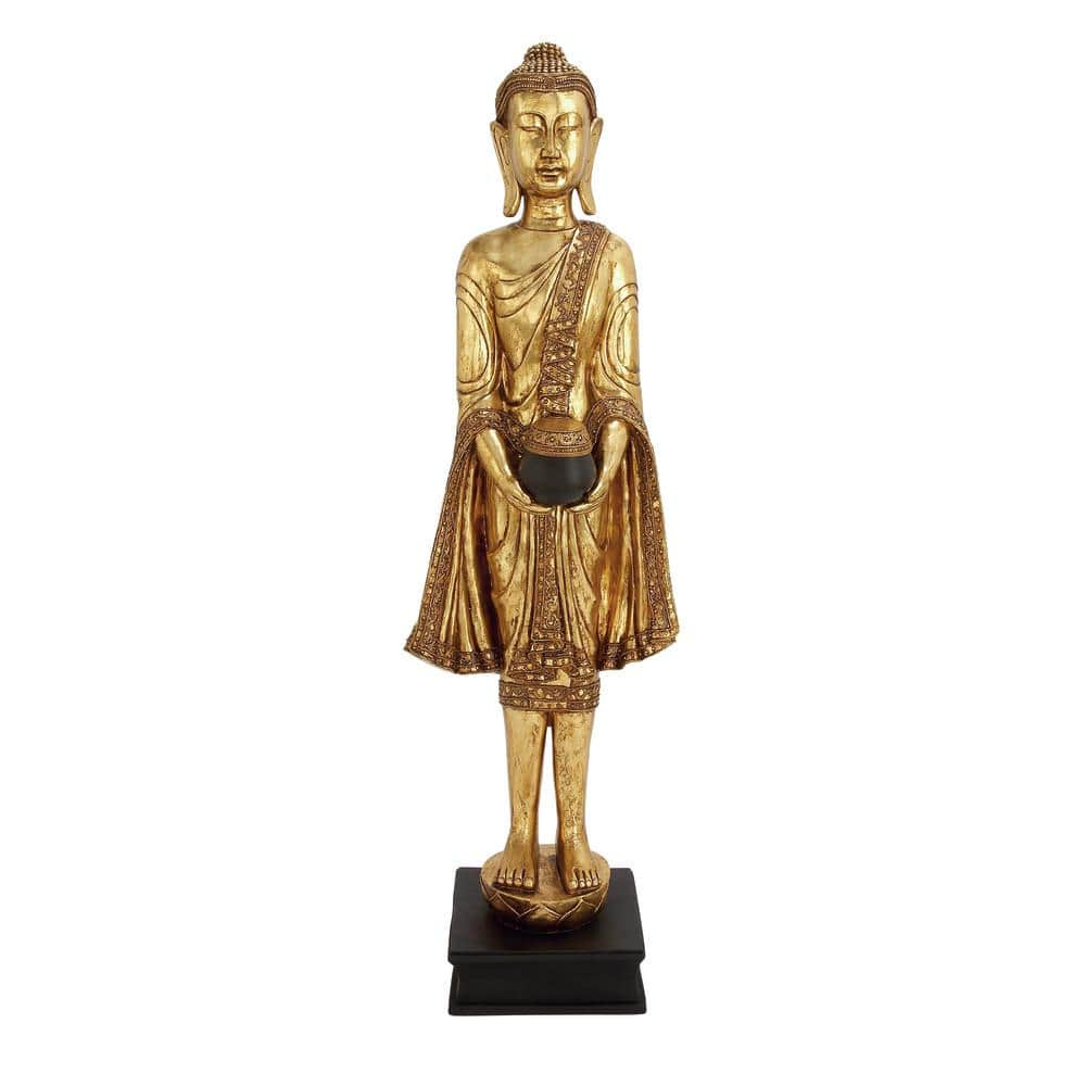 16" x 54" Gold Resin Meditating Buddha Sculpture with Engraved Carvings and Relief Detailing, by DecMode