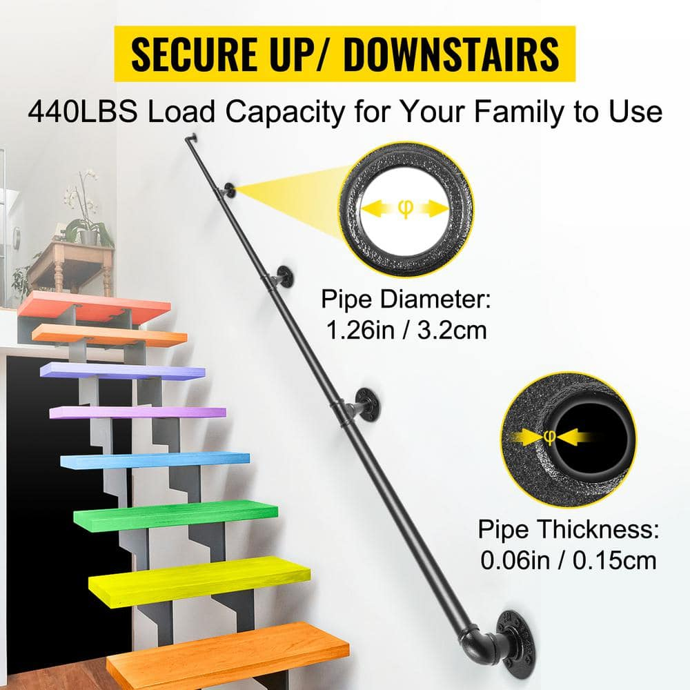 VEVOR Pipe Stair Handrail, 2FT Staircase Handrail, 440LBS Load Capacity Carbon Steel Pipe Handrail, Industrial Pipe Handrail with Wall Mount Support, Round Corner Wall Handrailings for Indoor, Outdoor