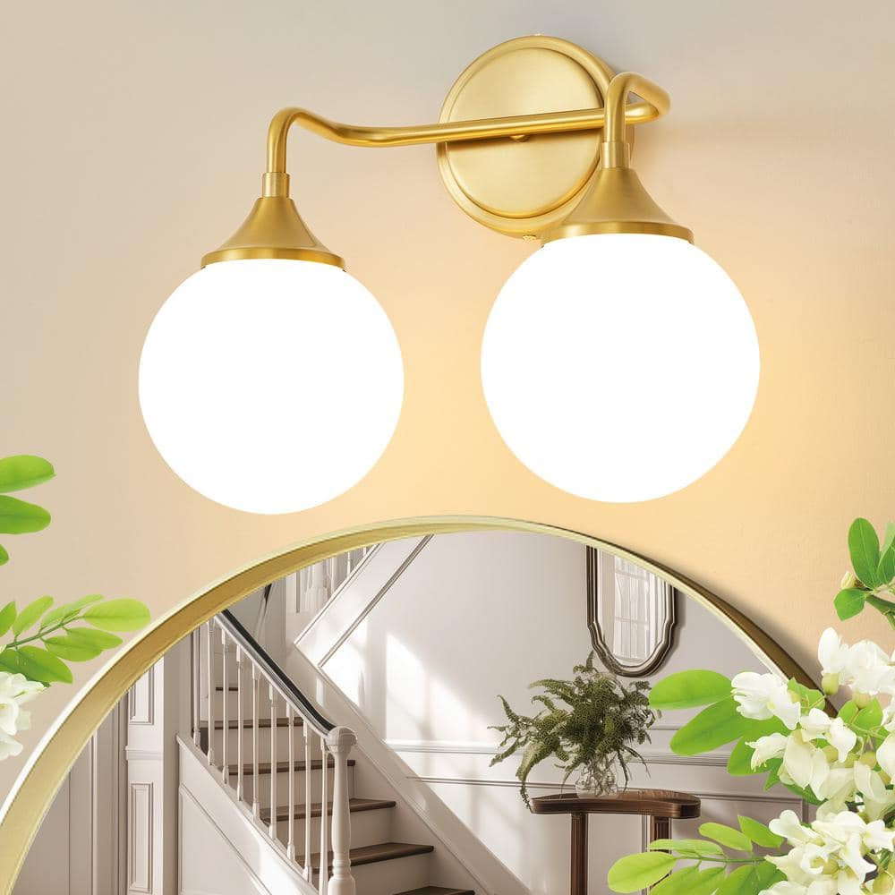 14.17 in. 2-Light Gold Vanity Light with Milk White Glass Shade, Suitable for Bathrooms Dining Room Powder Rooms