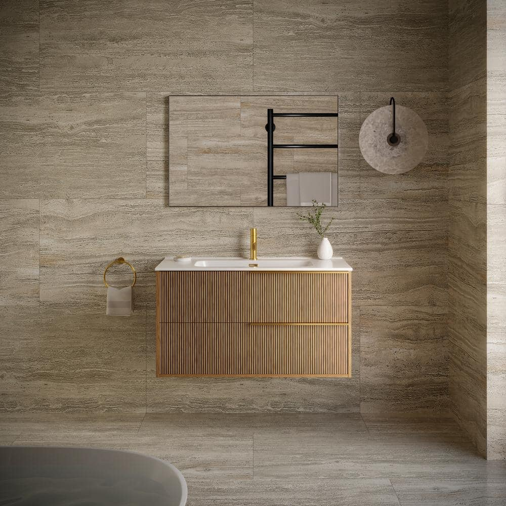 Demeter Art Gold 40 in. W x 18.1 in. D x 22.8 in. H Deco Wall Mounted Vanity with Single Sink and White Ceramic Top