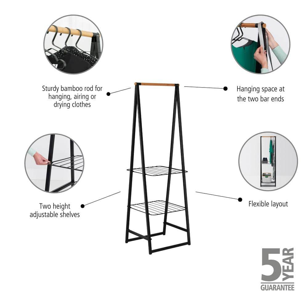 Black Steel and Bamboo Freestanding Garment Rack with Adjustable Shelves