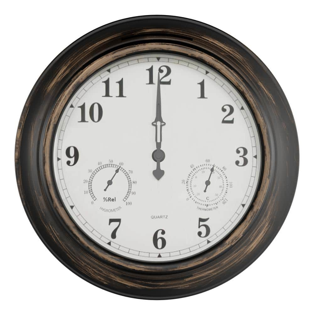 Pure Garden 18” Outdoor Clock with Thermometer & Hygrometer – Waterproof Wall Clock, Bronze Finish