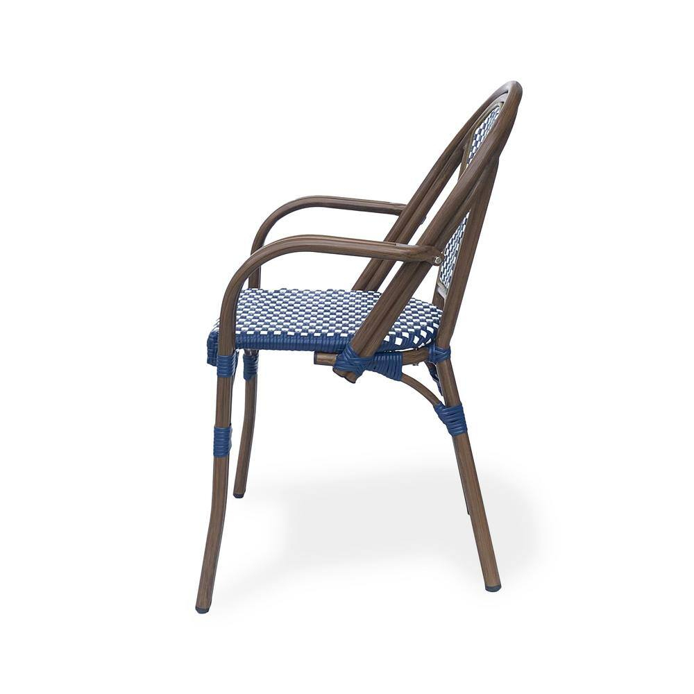 Cecil Aluminum and Wicker Outdoor French Bistro Chairs, Set of 2, Navy Blue, White, and Brown Wood