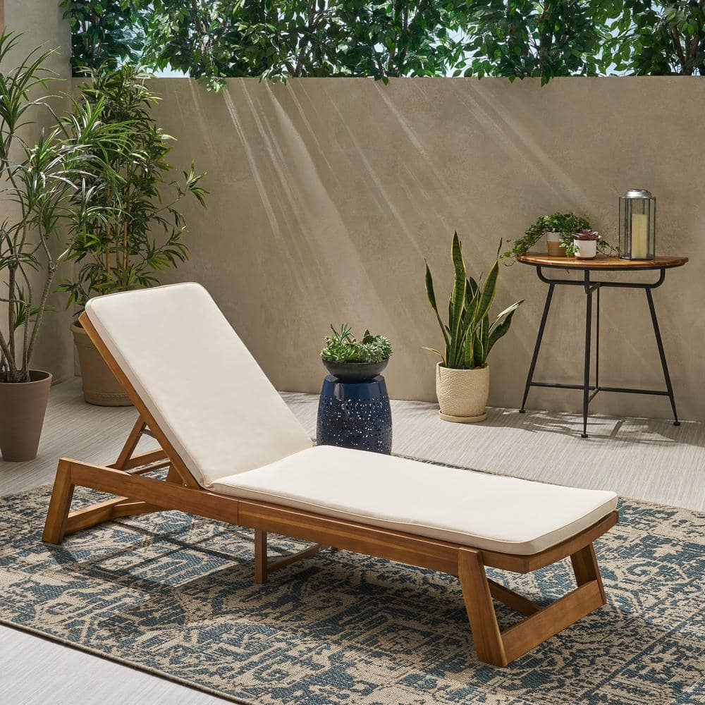 Noble House Maki Acacia Wood Patio Chaise Lounge in Teak/Cream Cushion