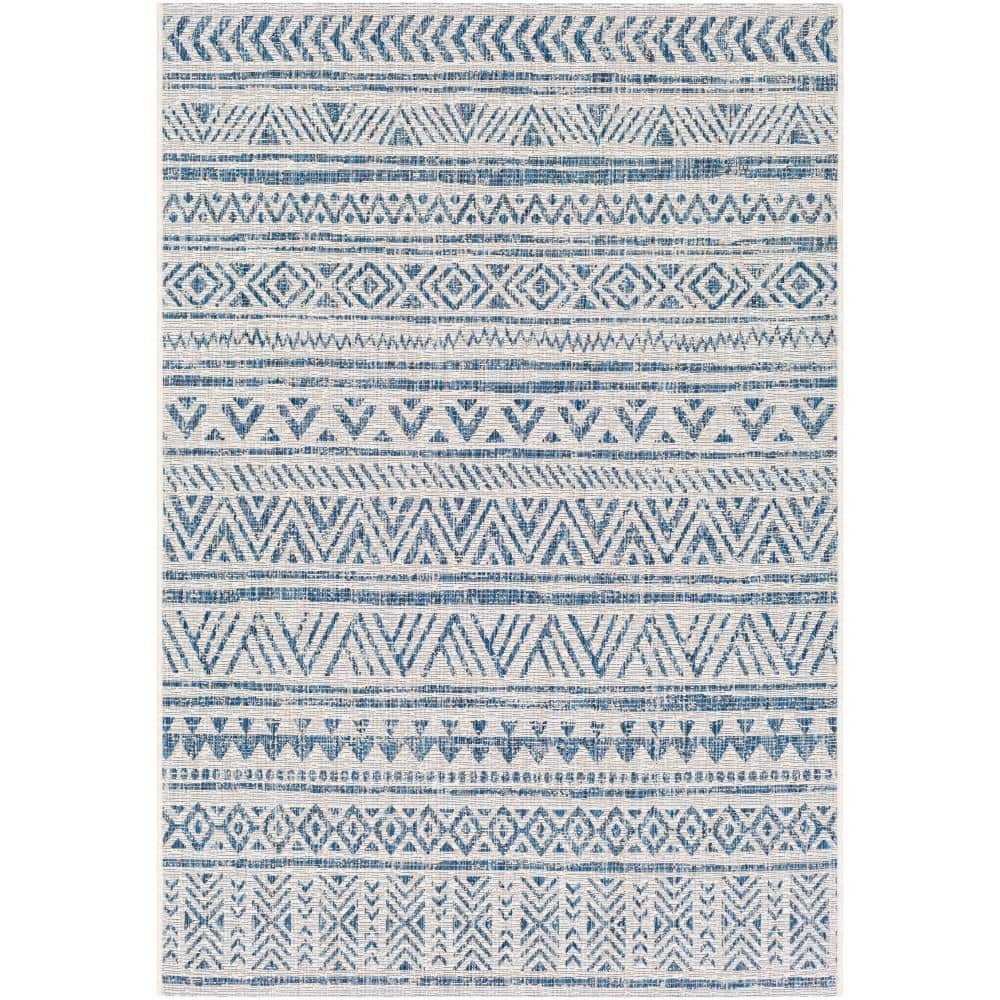 Blue and White Flat Woven Synthetic 10' x 14' Area Rug