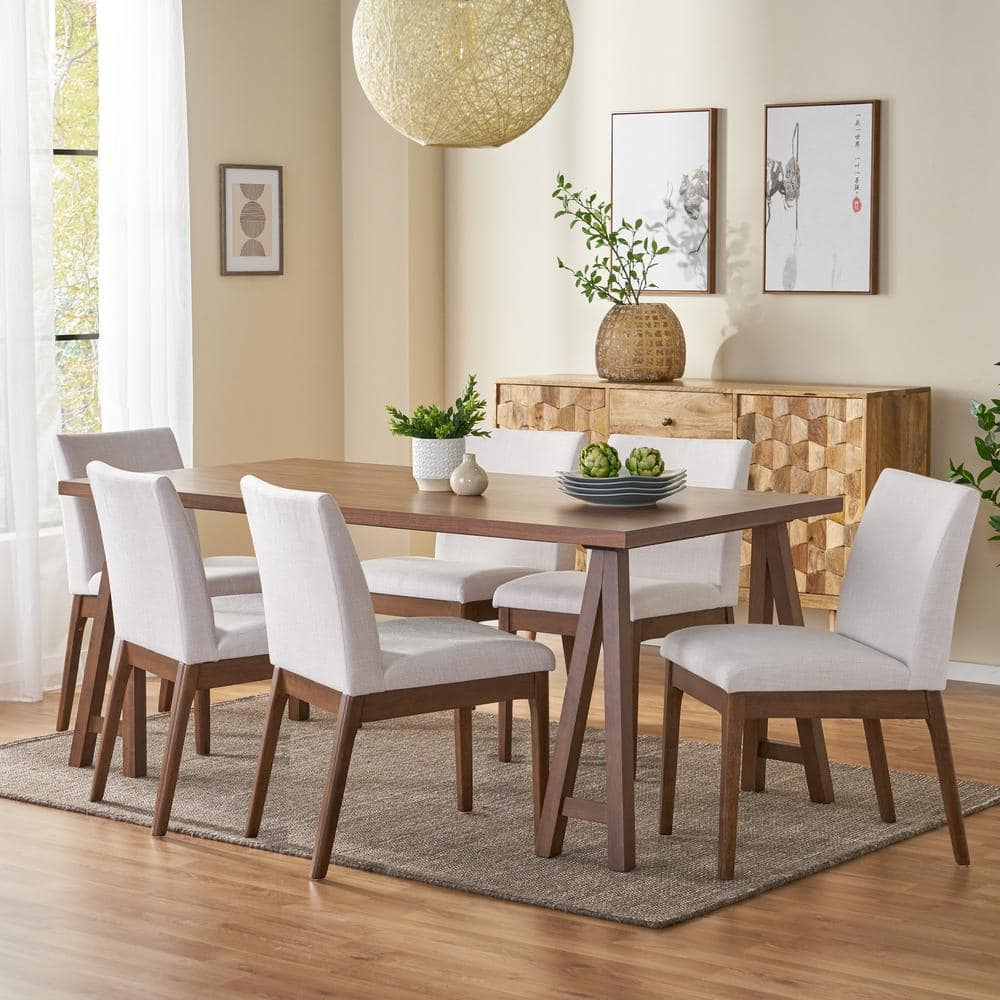 Noble House Caruso Mid-Century Modern 7 Piece Dining Set, Light Beige and Walnut
