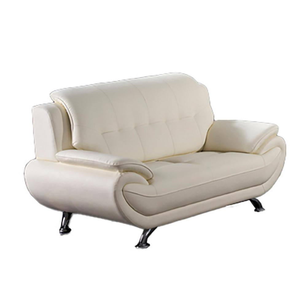 Benjara Olaf 69 Inch Loveseat, Tufted Ivory Faux Leather, Chrome Metal, Wood-Color:IvoryMaterial