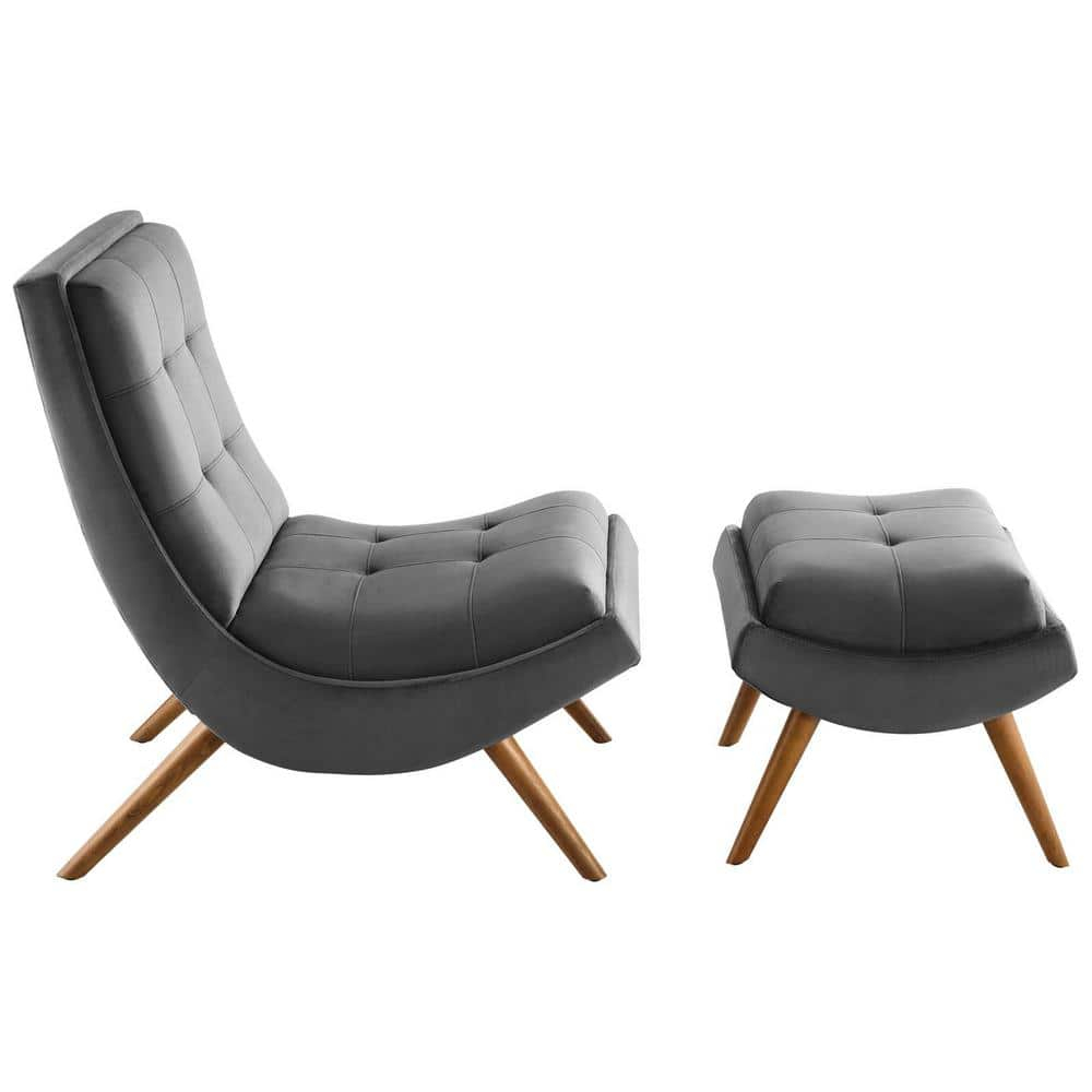 Modway Ramp Performance Velvet Lounge Chair and Ottoman Set in Gray