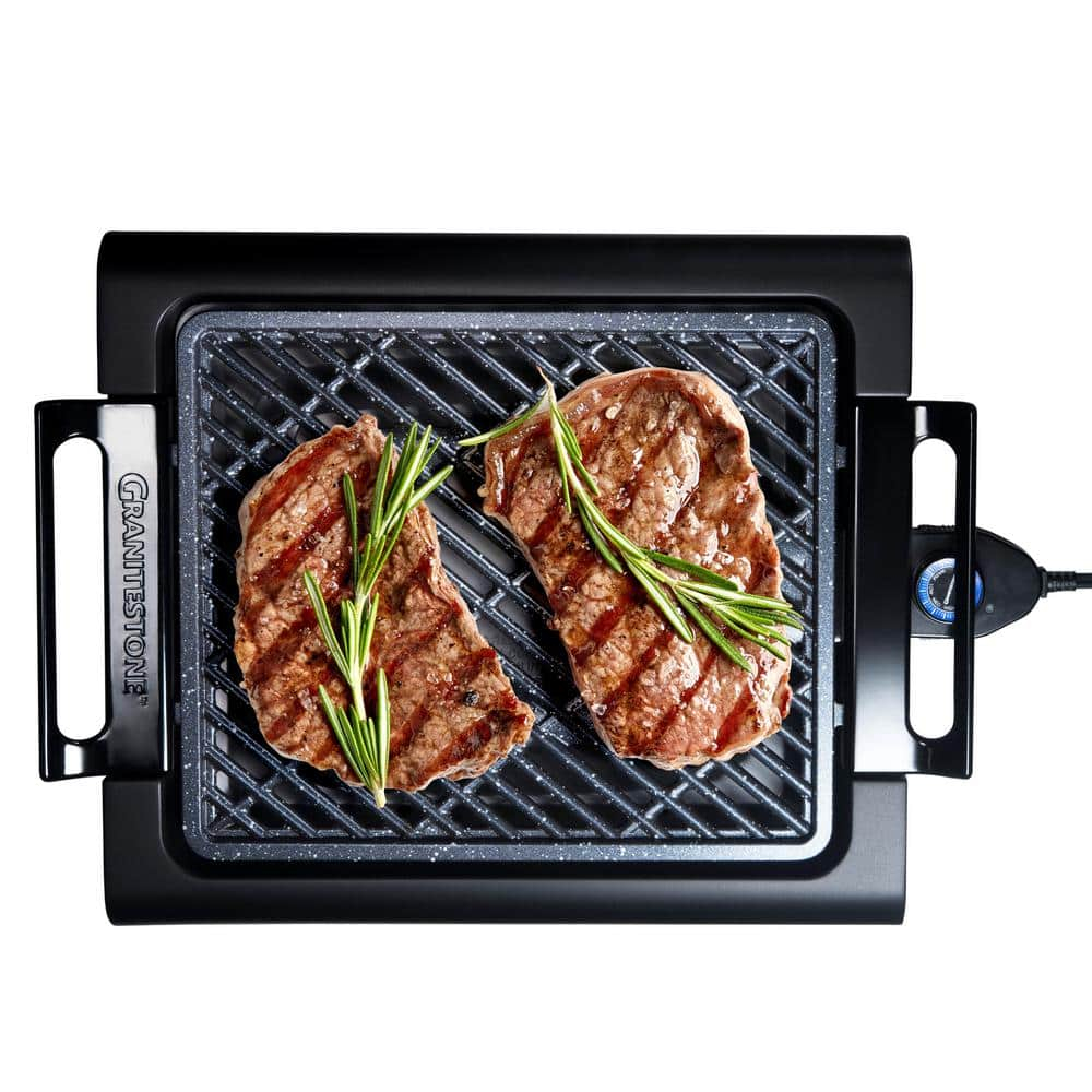 Granite Stone Indoor Nonstick Electric Smoke-Less Grill with Cool-Touch Handles and Adjustable Temperature Dial – Black, 16" x 14”