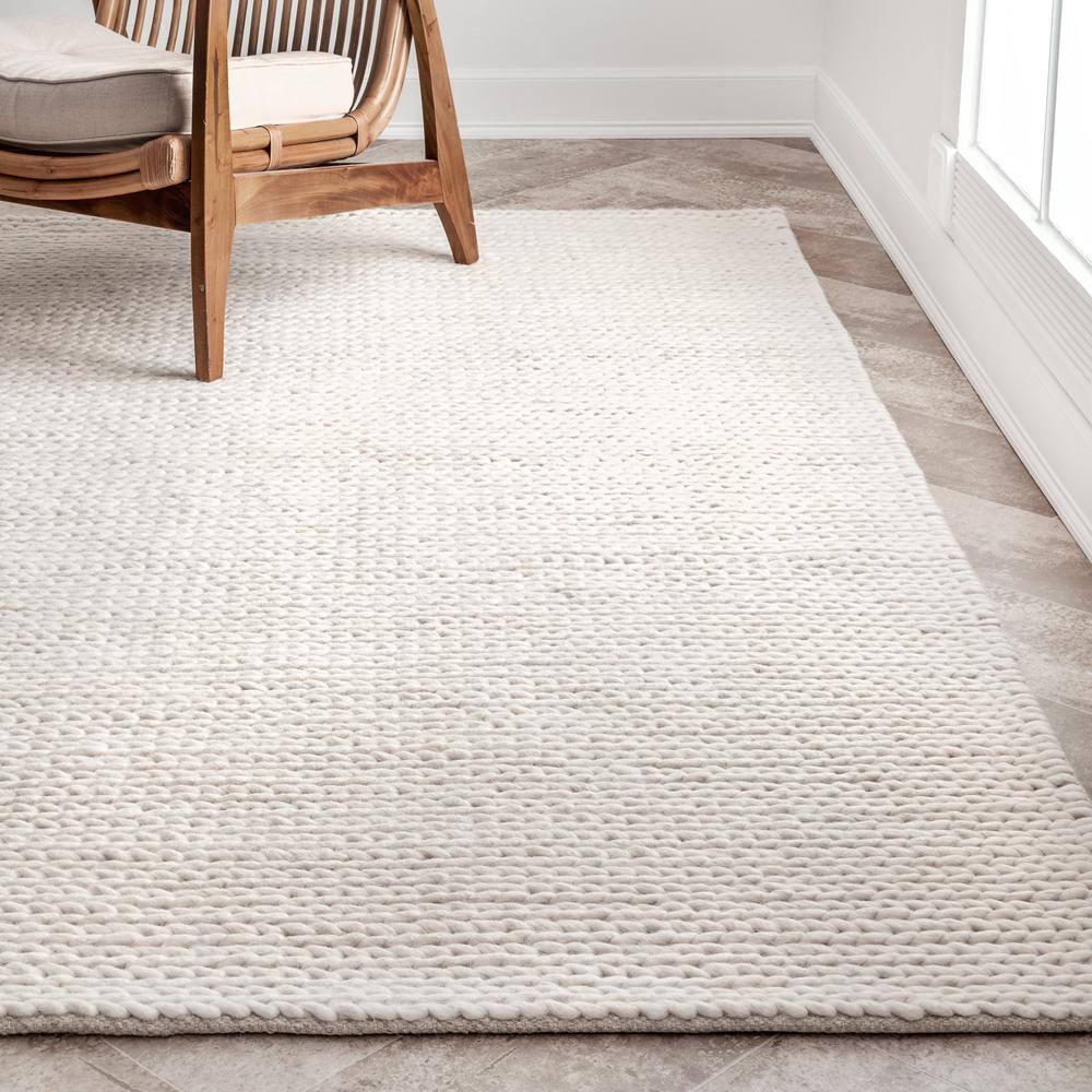 nuLOOM 3x5 Penelope Wool Braided Handmade Area Rug, Off White, Solid Rustic Farmhouse Style, For Bedroom, Living Room, Hallway, Entryway
