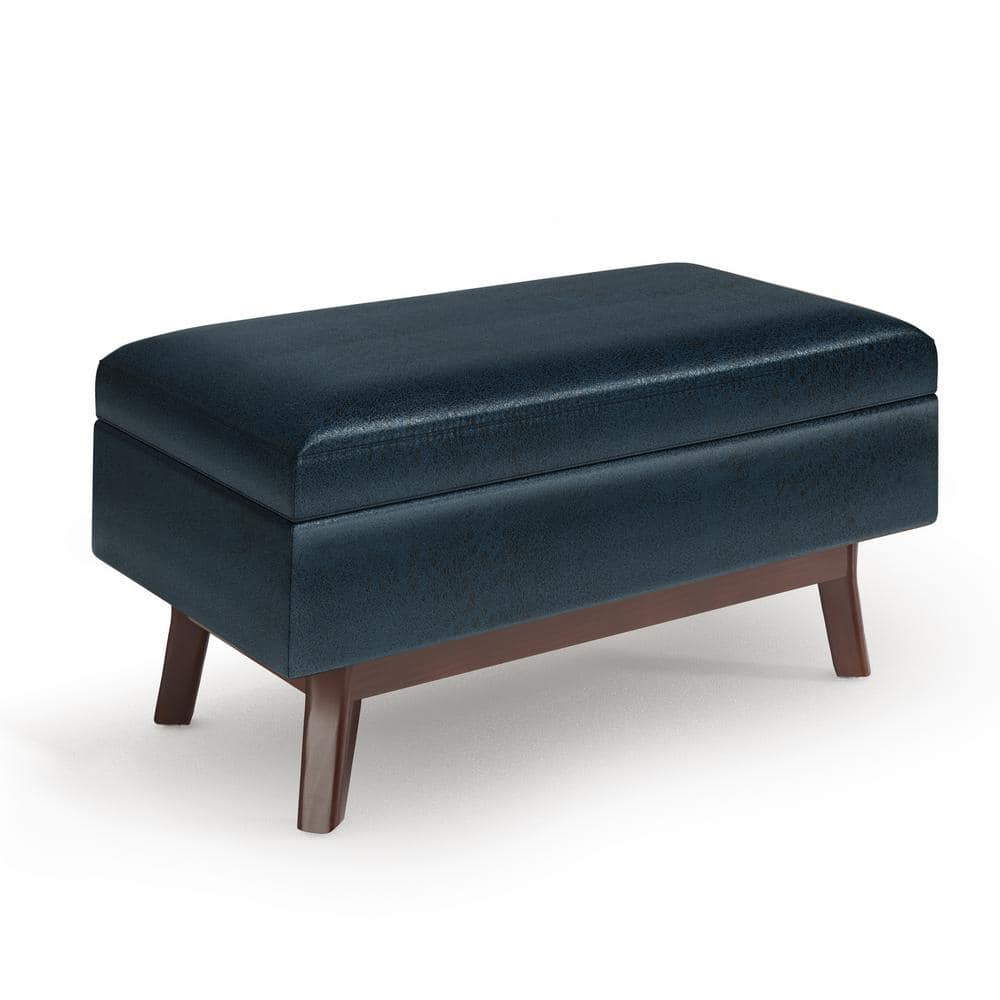 Simpli Home Owen 36" Wd. Small Rectangular Storage Ottoman in Distressed Dark Blue