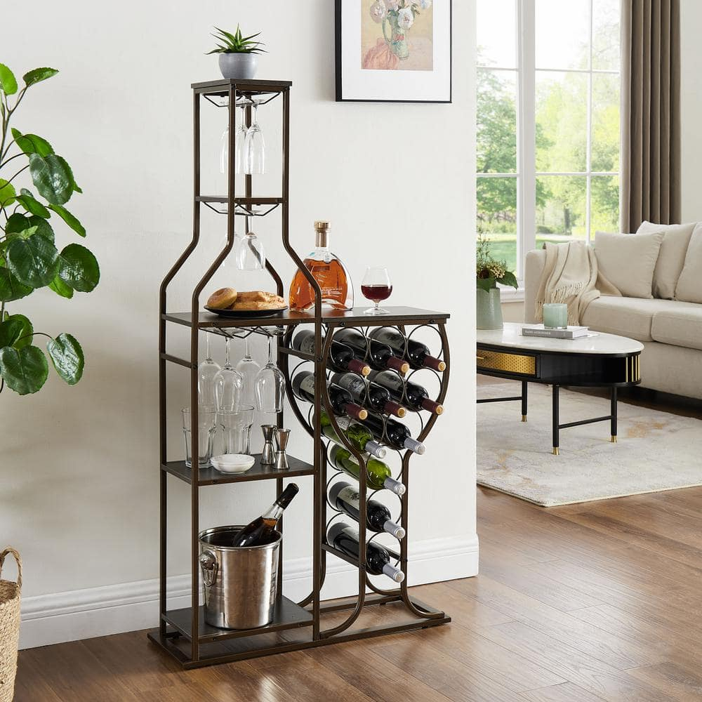 LoLado 11 Bottle Wine Bakers Rack, 5 Tier Freestanding Wine Rack with Hanging Wine Glass Holder and Storage Shelves, Wine Storage Home Bar for Liquor and Wine Storagefor Kitchen, Dining Room, Brown