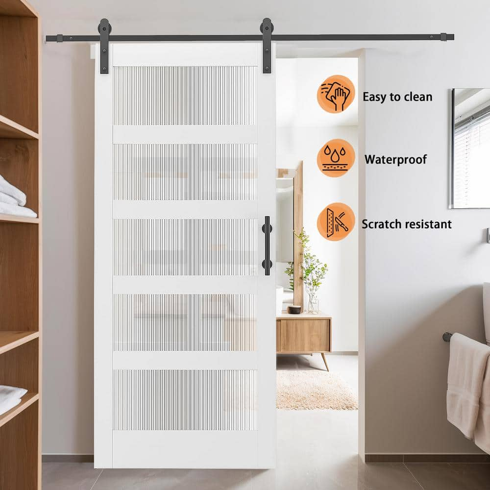 ZHOUJIA 36In X 84In Glass Barn Door White Sliding Barn Door Slab with 5 Frosted Glass