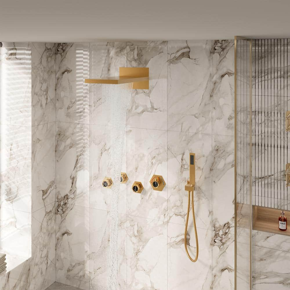Large Brushed Gold Dual Shower Head System with LED and Bluetooth