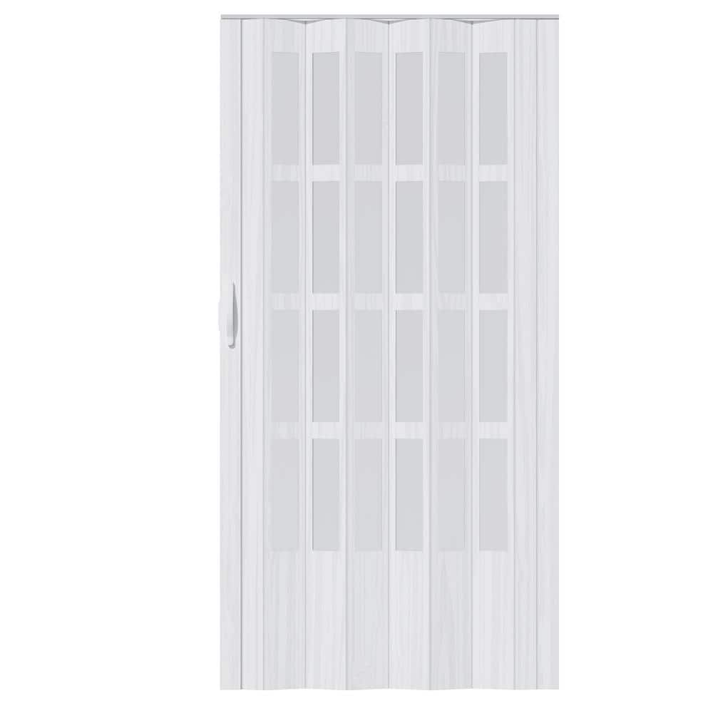 Upgrade Dual Layer Vinyl Accordion Door with Handles and Magnetic Door Lock, 4-Lite Frosted Acrylic Glass, White