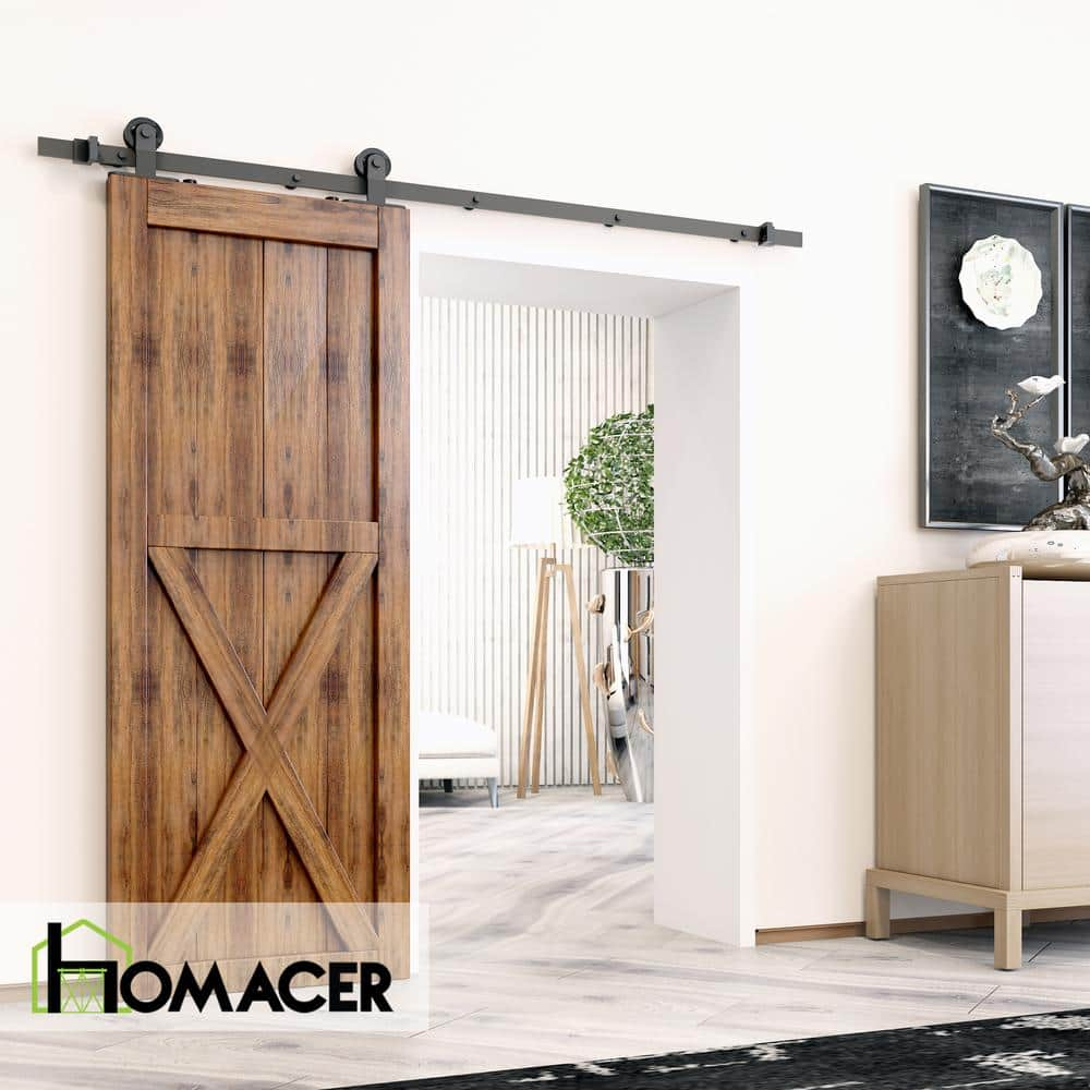 Homacer Black Rustic Sliding Barn Door Hardware Kit, for One/Single Door, 13ft Long Flat Track, T-Shape Design Roller, Heavy Duty, for Interior & Exterior Use