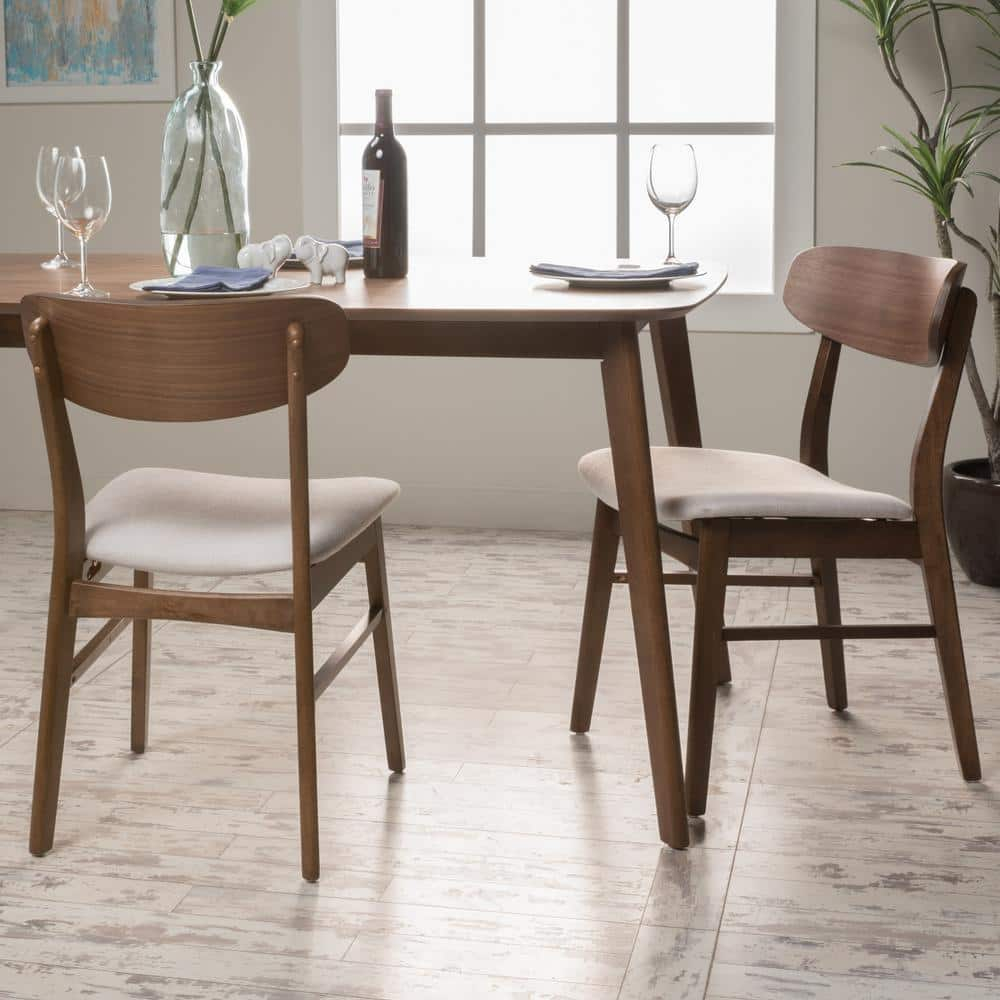 Emmeline High-Back Ladderback Light Beige Fabric Dining Chairs, Walnut Finish - Set of 2