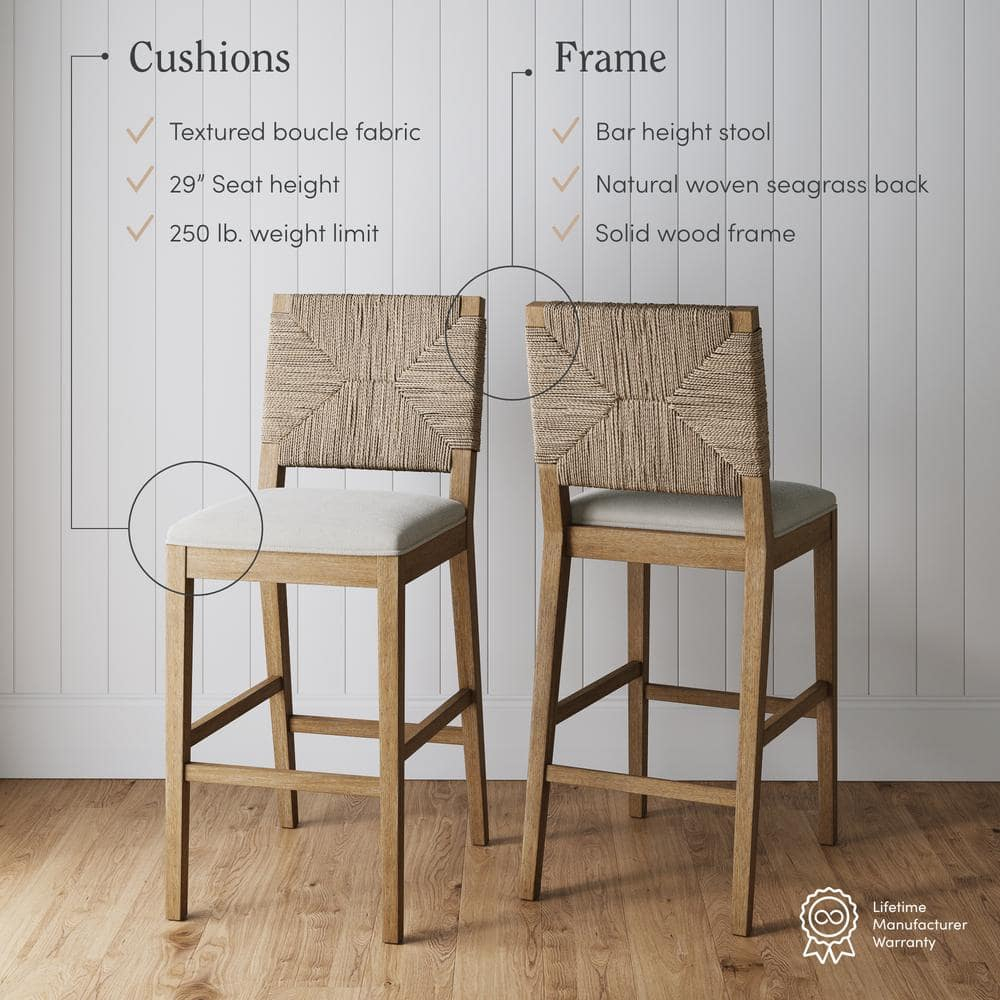Cream Boucle and Seagrass Bar Stools with Light Brown Wood Frame, Set of 3