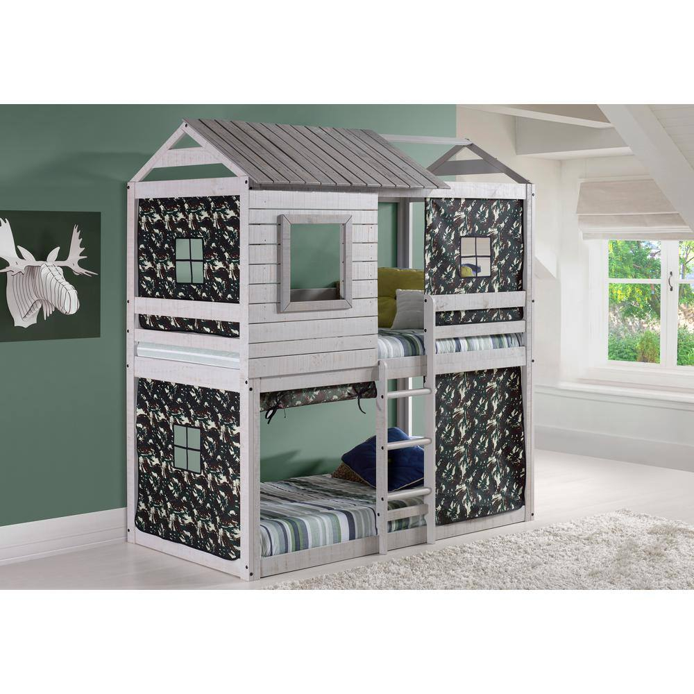 Rustic Light Grey Pine Twin Bunk Bed with Camo Tent