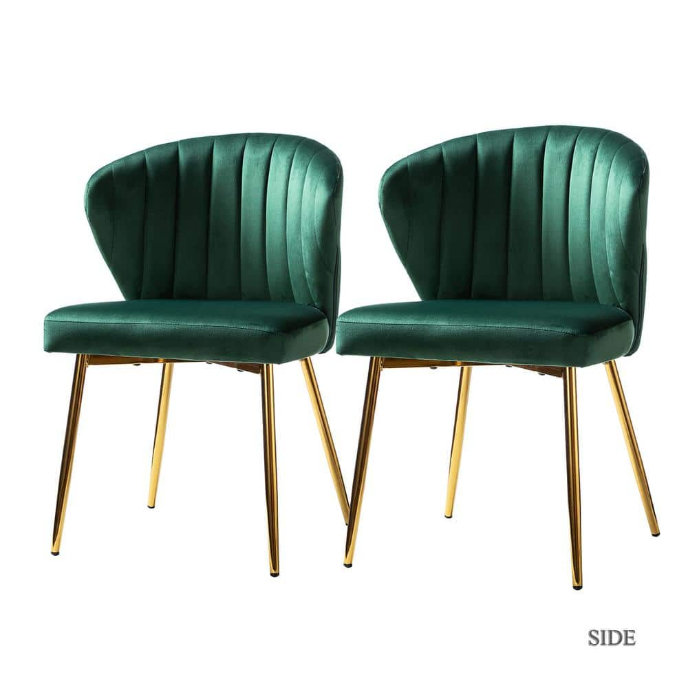 Home Kitchen Velvet Dining Chairs Set of 2 Upholstered Side Chairs Accent Channel Tufted Metal Legs Living Room Bedroom Green