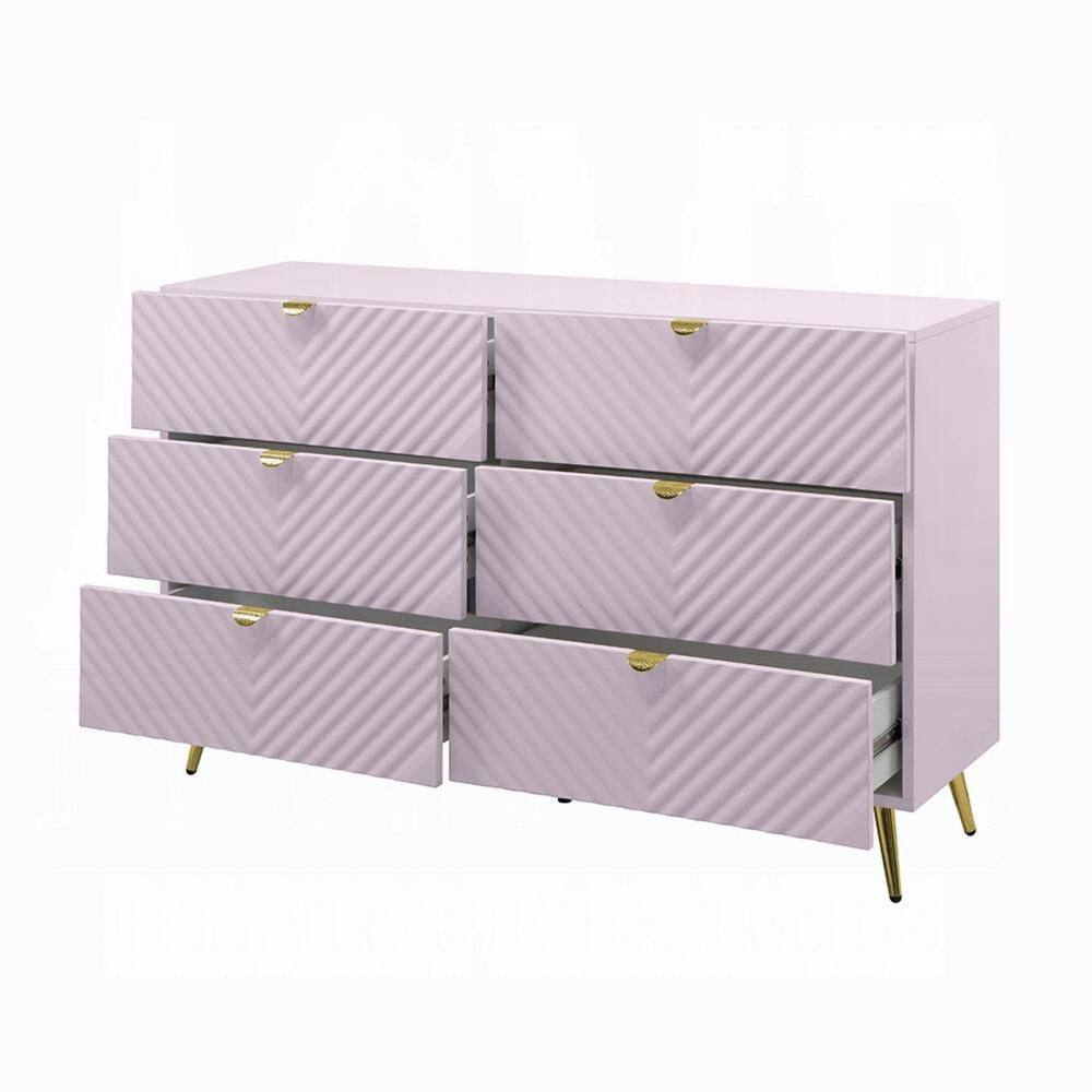 Benjara Tyra Wide Dresser, 6 Drawers, Gold Legs, Gloss Pink Chevron Pattern