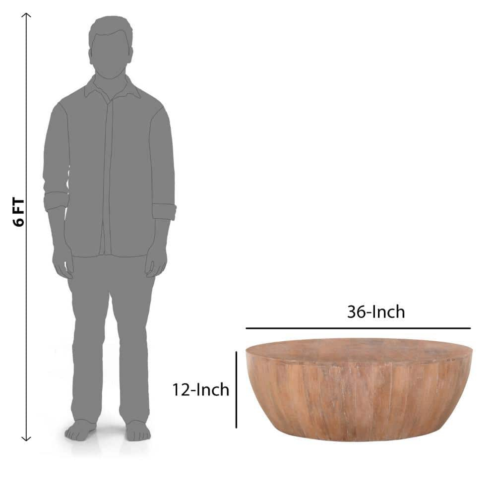 The Urban Port Drum Shape Wooden Coffee Table with Plank Design Base, Distressed Brown