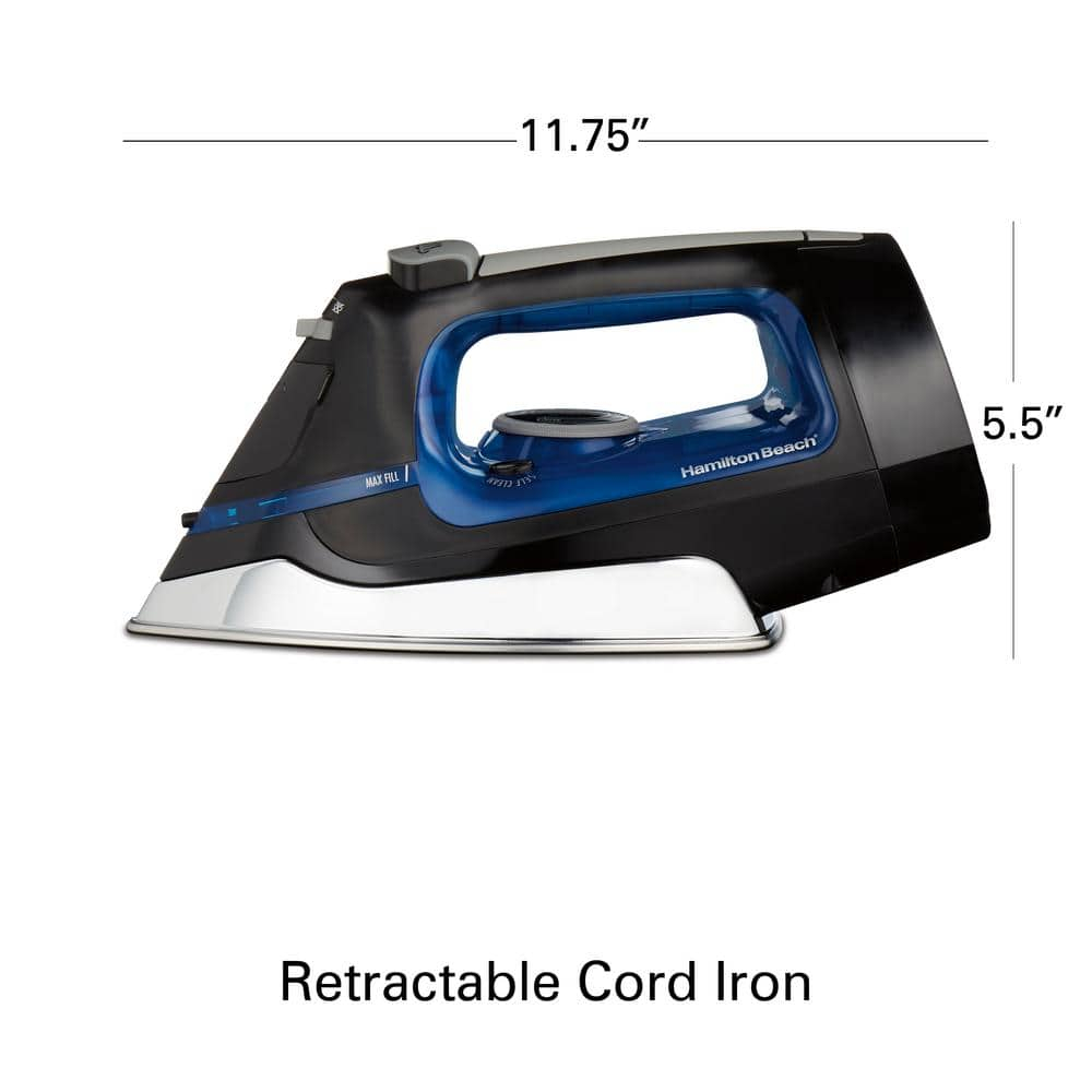 Hamilton Beach Retractable Cord Iron, Black, Stainless Steel Soleplate, 14290